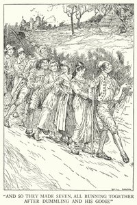 "Ve böylece yedi tane yaptılar, hep birlikte Dummling ve kazının peşinden koştular" (lito) by Louis John Rhead