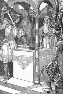 Arthur, Excalibur kılıcını bir örsten çıkardı. İllüstrasyon, Louis Rhead (1858-1926), “kral Arthur ve şövalyeleri”nden, 1923 Özel koleksiyon