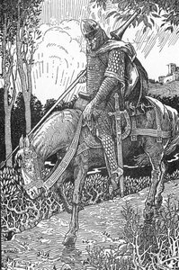 Mordred (Modred) babası Kral Arthur'a karşı Camlann savaşından sonra yaralar (Mordred, Camlann savaşından sonra yaralandı) İllüstrasyon, Louis Rhead (1858-1926) “Kral Arthur ve şövalyeleri” 1923 Özel koleksiyon