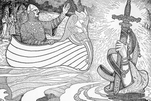 Gölün Hanımı'nın temsili (ücretli viviane), Kral Arthur'a epe Excalibur'u veren Arthur efsanelerinin karakteri (Arthur efsanesi: Gölün Hanımı (Nimue, Viviane) Kral Arthur'a kılıcı Excalibur'u veriyor) Louis Rhead'in İllüstrasyonu (1
