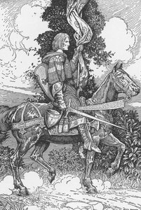 Sir Tristam, Tintagil kalesine biniyor İllüstrasyon, Louis Rhead (1858-1926) “Kral Arthur ve şövalyeleri”nden, 1923 Özel koleksiyon by Louis John Rhead