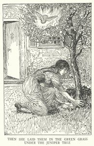 Onları ardıç ağacının (litho) altındaki yeşil çimenlere koydu. by Louis John Rhead