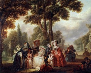 Bir parkta toplanmış, dünyevi soyluların bir bahçede buluşması. Louis Joseph Watteau dit Watteau de Lille (1731-1798) tarafından yapılan tablo. 18. yüzyıl. Paris. Müze Konyak Jay