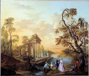 Alacakaranlıkta antik kalıntıların olduğu bir manzarada Romantik Sahneyi Sevmek için Haraç. Louis Joseph Watteau dit Watteau de Lille (1731-1798) tarafından yapılan tablo