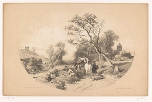 Binici yol boyunca bilgi ister Le renseignement (nesne üzerindeki başlık) Pitoresk yürüyüşler (dizi adı) Gezinti yerleri pitoresk (nesne üzerinde seri başlığı) by Louis Julien Jacottet