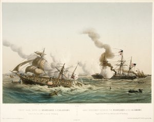 Combat Naval entre le Kearsage & l?Alabama, pub. 1864 (renkli litografi) by Louis Le Breton