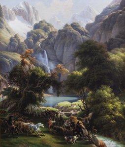 Oo Gölü şelalesine doğru ayı avı (tuval üzerine yağlıboya)