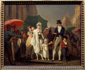 Burjuva duşları, Paris Premier Empire tarzında kendini yağmurdan koruyor. Louis leopold Boilly'nin (1761-1845) 19. yüzyıl Güneşi tablosu. 0,32x0,4 m - Sağanak. Parisli burjuvalar Birinci İmparatorluk tarzında giyinip kendilerini koruyorlar. by Louis Leopold Boilly