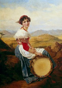 Roma kırsalından bir köylünün portresi, elinde tef tutan genç bir İtalyan müzisyen. Louis Leopold Robert