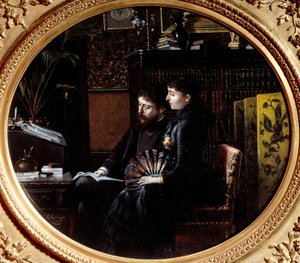 Alphonse Daudet (1840 - 1897) ve karısı Julie Allard (1844-1940) çalışma ofislerinde. Louis Montegut (1855-?)