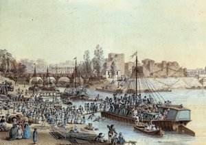 Gemi yüklü yolcular rıhtıma yanaşıyor. Louis de Lespinasse (1734-1808) 1782 tarafından çizim. Paris, Musee Carnavalet