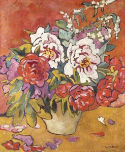 Kırmızı Arka Plana Karşı Sürahideki Şakayıklar, 1918 dolayları (tuval üzerine yağlı boya) by Louis Valtat