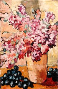 Çiçekli ve Siyah Üzümlü Natürmort by Louis Valtat