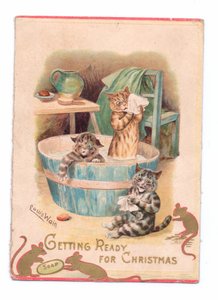 İki fare bir kalıp sabunla oynarken küvette iki kedinin bulunduğu Viktorya dönemine ait bir Noel kartı, 1880 dolayları by Louis Wain