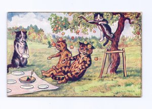 Bir piknikte iki kedinin üzerine düşen elmadan oluşan Viktorya dönemine ait bir tebrik kartı, 1880 dolayları by Louis Wain
