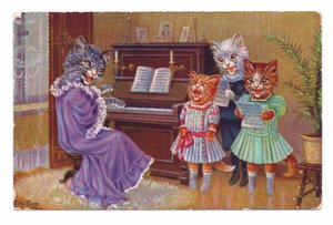 Dört kedinin şarkı söyleyen bir piyanonun etrafında insan kıyafetleri giydiği Edward dönemi kartpostalı, c.1910 by Louis Wain