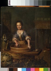 ""Aşçı"" (Aşçı) Bir kır mutfağında lahana hazırlayan genç bir aşçı. Resim Louis de Moni (1698-1771) Mikalojus Konstantinas Ciurlionis Güzel Sanatlar Müzesi, Kaunas, Litvanya by Louis de Moni