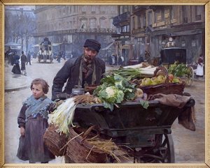 Paris'te dört mevsim tüccarı. Arkasında, Louis Marie de Schryver (1862-1942) tarafından yapılan Hotel du Louvre (1. bölge) tablosu, tuval üzerine yağlı boya