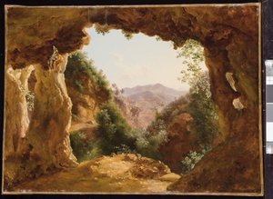 Kayalık bir manzarada bir mağara (tuval üzerine monte edilmiş kağıt üzerine yağlı boya)