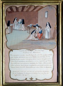 Jansenism “” Hastalara bakan Port royal des champs (Port-Royal-des-Champs) manastırının dini””. Louise Madeleine Cochin (1686-1767) 18. yüzyılın ilk çıkışından sonra isimsiz guaj. Port Royal, Musee Des Granges. by Louise Madelaine (after) Cochin