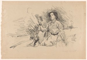 Kız okuma, yerde oturan Lesendes Mädchen by Lovis Corinth (signed by artist)