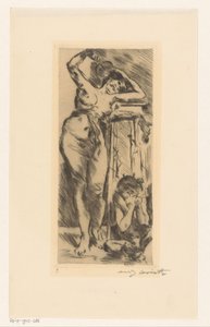 Elinde yelpaze ve sağında çömelmiş bir figür ile çıplak kadın by Lovis Corinth (signed by artist)