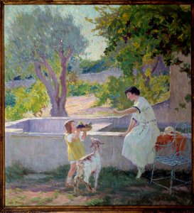 Madam Prat ve kızı bahçede küçük keçi ile resim Joseph Loys Prat (1879-1934), 20. yüzyıl. Donzere Belediye Başkanı.