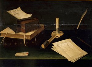Kitaplardan Natürmort, Tüy, Mektup ve Mum Boyama Lubin Baugin (1610-1663) 17. yüzyıl Roma Galleria Spada