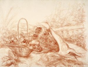 Meyve sepeti ve çiçek buketi ile aranjman. by Luc Albert Moreau