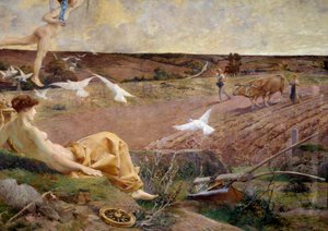 Bolluk ve doğurganlığın Fortune alegorik temsili. Arka planda tarlasını süren bir köylü. Detay. Luc Olivier Merson (1846-1920) 1901 Sun tarafından alçı üzerine marouflee boyama. 2,22x2,9 m Paris, Orsay Müzesi