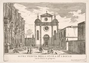 Levha 38: St. Roch kilisesinin cephesinin görünümü ve solda Okul cephesinin görünümü..., 1703. by Luca Carlevarijs