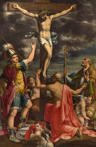 San Fermo Sunağı, Aziz Fermo Jerome ve Papa Gregory XIV ile Çarmıha Gerilme, Luca Cattapane 1593 by Luca Cattapane