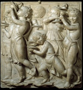 Cantoria Paneli veya şarkıcıların tribünleri: zil çalan çocuk. Luca della Robbia tarafından yüksek mermer kabartma (yaklaşık 1400-1482) 1431-1438 Dim. 348 cm Museo dell'Opera del Duomo, Floransa.