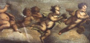 Putti disporting (tuval üzerine kağıt) (sol detay) (ayrıca bkz. 67087-90) by Luca Giordano