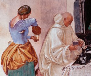 Benedict keşişlere manastırın dışında nerede ve ne zaman yemek yediklerini anlattı Detay Luca Signorelli (yaklaşık 1445-1523) tarafından yapılmış ve Benedictine Tarikatı