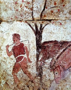İtalya, Paestum nekropolünden MÖ 4. yüzyıldan iki at Lucanian fresk çeken bir köylü. Museo nazionale arkeolog, Paestum