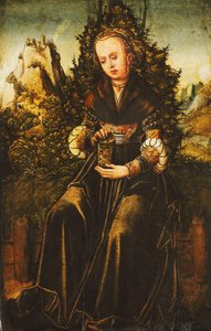 Aziz Mary Magdalen, Dağlık Bir Peyzajda Çimenli Bir Kenarda Oturmuş, by Lucas Cranach