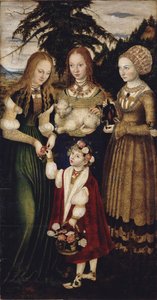 Aziz Catharine Şehitliği ile mihrap, sol kanat: Azizler Dorothea, Agnes ve Cunigund by Lucas Cranach the Elder