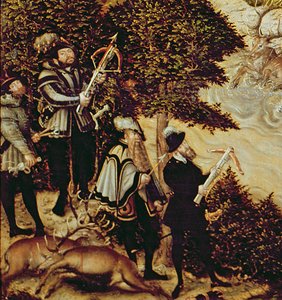 Johann Friedrich the Magnanimous, Saksonya Seçmeni ve İmparator Charles V Hartenfels Kalesi yakınlarında geyik avlarken, Torgau, 1544 (detay 38682) by Lucas Cranach the Elder