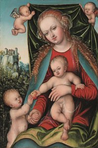 Kutsal Bakire ve Çocuk, Bebek Vaftizci Yahya ve Meleklerle birlikte, ötesinde uçurumun tepesinde bir kale bulunan bir orman manzarası, 1512 dolayları (panel üzerine yağlı boya) by Lucas The Elder (studio of) Cranach