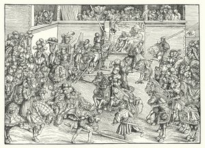Samson ve Aslan Goblenli Turnuva (gravür) by Lucas the Elder (after) Cranach