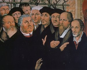 Martin Luther, Protestan Reformu temsilcileriyle birlikte, sağda Melanchthon, Rotterdam Erasmus merkezinde, Lazarus