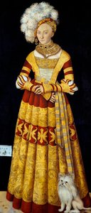 Mecklenburg'lu Catherine'in Portresi (Mecklenburg) (1487-1561)"" Lucas Cranach the Elder (1472-1553) tarafından yapılan boyama 1514 Dim. 184 x 83 cm (panel başına) Dresden State Art Collections by Lucas the Elder Cranach