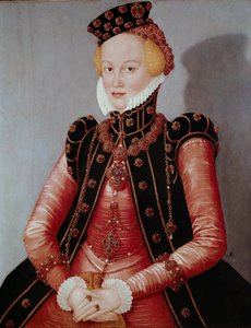 Zengin giyimli, şapkalı ve mücevherli genç bir kadının portresi. Lucas Cranach the Elder'ın (1472-1553) tablosu Dim. 87 x 69 cm Münih Alte Pinakothek by Lucas the Elder Cranach
