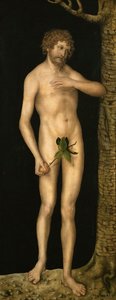 İnsanın Düşüşü: Adam - Yaşlı Lucas Cranach (1472-1553). Ahşap üzerine yağlı boya, yaklaşık 1510-1520. Boyut : 137x54 cm. Sanat Tarihi Müzesi, Viyana by Lucas the Elder Cranach