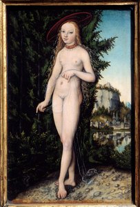 Bir Manzara Resminde Duran Venüs, Yaşlı Lucas Cranach (1472-1553) 1529, Ahşap Üzerine Yağlıboya, Soluk. 0,38x0,25 m - Venüs bir manzarada duruyor. Yaşlı Lucas Cranach