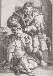 17. yüzyıl berber cerrahı bir hastanın kulağına bakıyor. by Lucas van (after) Leyden