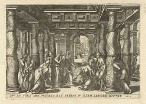 Christ en de overspelige vrouw En zarif ve zarif on üç ikonun tarihinin tapınağında Yeni Ahit Hatırası (seri başlığı) by Lucas van Doetechum