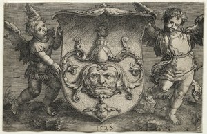 İki Cin Tarafından Desteklenen Maskeli Bir Kalkan, 1527. by Lucas van Leyden