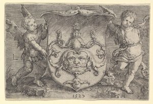 İki Genii Tarafından Tutulan Maskeli Arması, 1527. by Lucas van Leyden